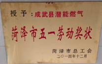 成武县88858cc永利官网燃气有限公司获得2014年度“菏泽市五一劳动奖状”及“菏泽市学习型组织尖兵单位”称呼